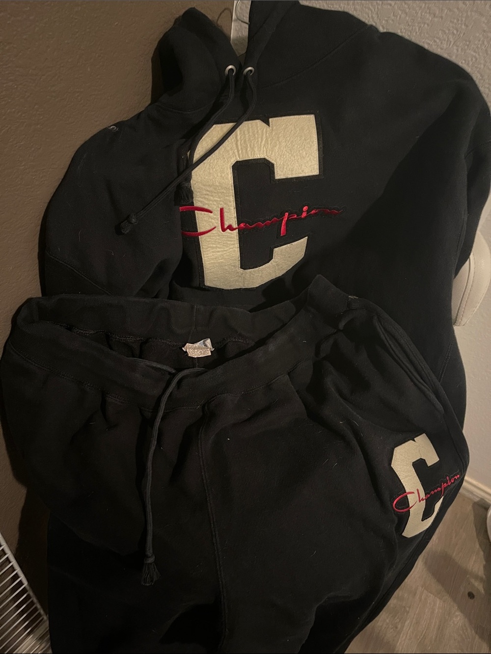 Champion Black Hoodie and Joggers with Cream 'C' and Red Script